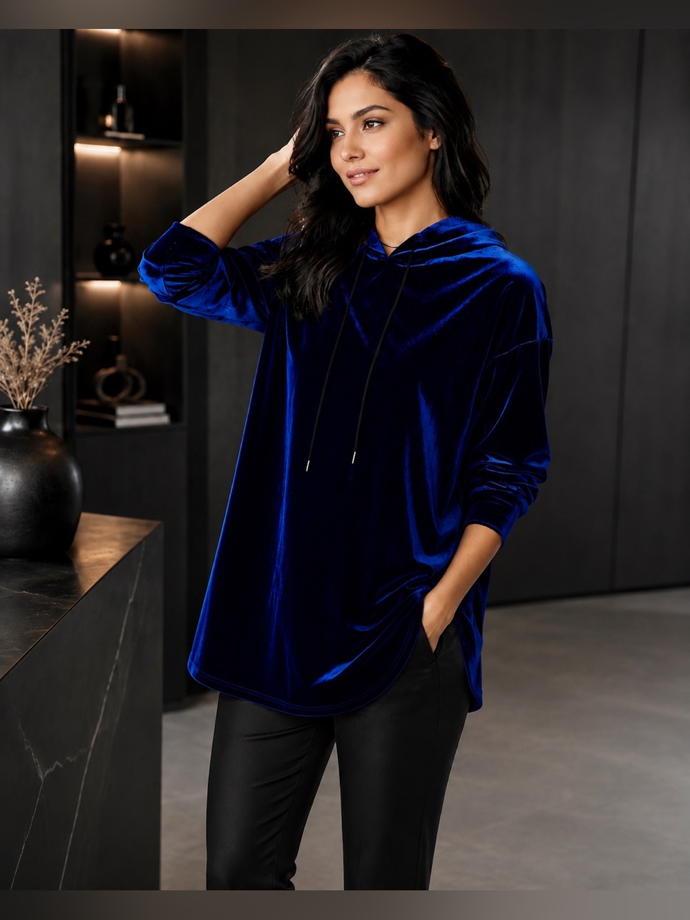 Astrid Royal Blue Velvet Long Sleeve Pullover Hoodie Top NWT Large